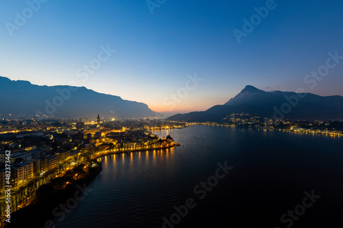 Panoramic shot of Lecco city and Lake Como at sunrise looking at south.
