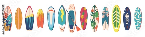 Set of Surfboards with Different Bright and Unusual Pattern Designs. Various Surf Desks, Surfing Boards Collection