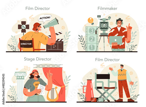 Film director concept set. Movie maker leading a filming process. Clapper