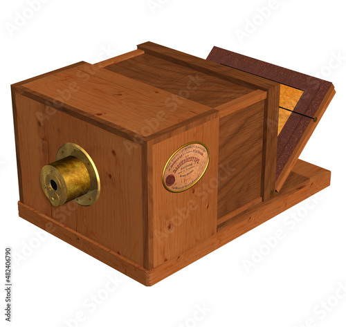 3D Illustration of a Daguerreotype Camera, invented in 1839 by the French Genius Louis-Jacques-Mandé Daguerre; with wooden body, metal components, lens, crystals and capable of capturing images. 