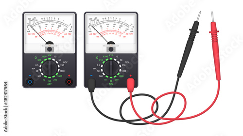 Realistic pointer multimeter with set of probes. Instrument for measuring voltage, current, resistance. Vector illustration.