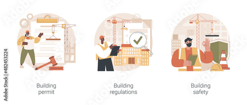 Construction business abstract concept vector illustration set. Building permit regulations and safety, contractor service, construction site, engineering project, application form abstract metaphor.