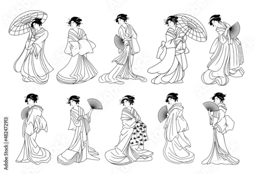 Set of outline of japanese geisha with traditional clothes Vector