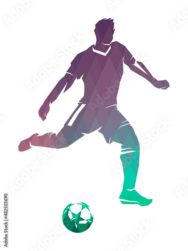Football player with a ball, color isolated image on a white background with an inscription, a template for the concept of football. Vector illustration