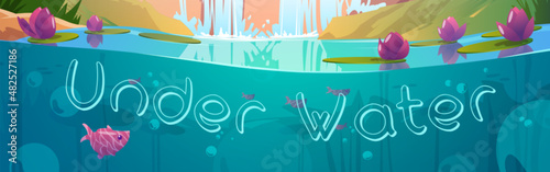 Under water background, cartoon banner with pond, air bubbles, fish and nenuphar flowers floating at sunlight beams cross section view, underwater scene for game or book, Vector illustration
