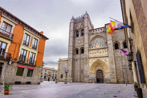 Plaza and esplanade in front of the immense gothic cathedral of Avila, Spain.