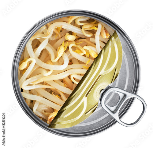 Open tin can with canned mungo bean sprouts isolated on white background. With clipping path.
