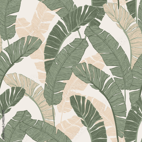 Green tropical leaves drawing seamless pattern.