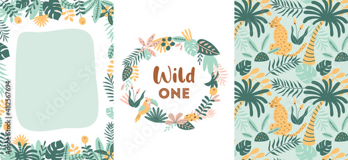 Jungle party cards set. Wild party invitation template. Wild birthday banners collection. Tropical birthday party invite. Jungle leaves, leopard. Summer vector illustration.