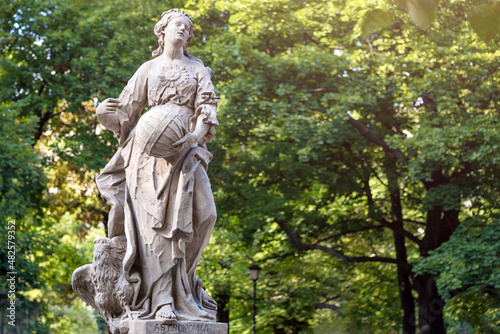 Sandstone statues in the Saxon Garden, Warsaw, Poland. Made before 1745 by anonymous Warsaw sculptor under the direction of Johann Georg Plersch. Statues of Greek mythical muses