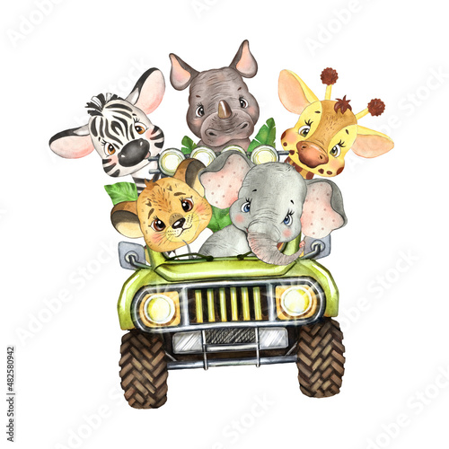 Safari animals in a jeep watercolor illustration. Children's print "Jungle Animals", safari wall art. 