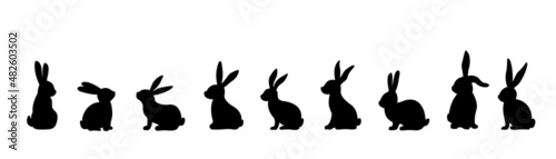 Silhouettes of Easter bunnies isolated on a white background. Set of different rabbits silhouettes for design use.