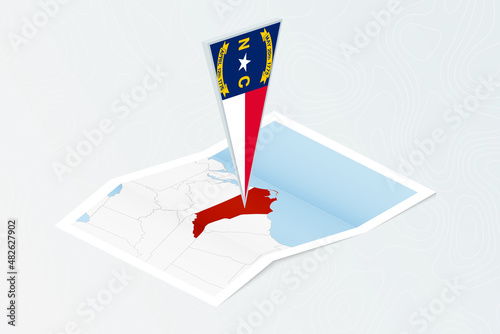Isometric paper map of North Carolina with triangular flag of North Carolina in isometric style. Map on topographic background.