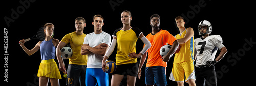 Sport collage. Tennis, soccer and american football, basketball players posing isolated on dark studio background.