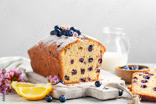  Homemade lemon blueberry cake or fruitcake. Spring breakfast. White background.