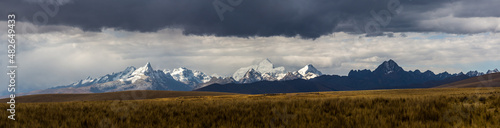 White mountain range seen from the puna of Conococha, with great plains and imposing snowy mountains of the Andes