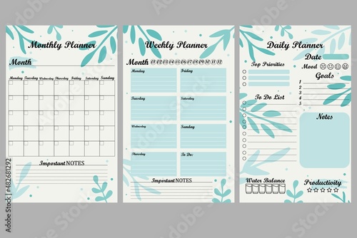Set of minimalist planners. Daily, weekly, monthly planner template. Cute and simple printable to do list. Simple green leaves, branches. Design with pink elements.