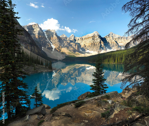 Reflection of the Mountains Surrounding Moraine Lake Banff National Park, Alberta Canada