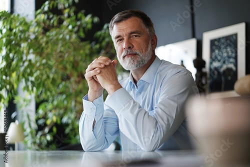 Mature professional businessman looking at camera and smiling. Confident entrepreneur, leader, manager sitting in office