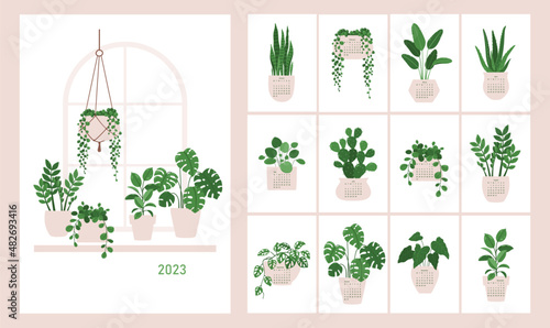 Vector calendar 2023 with cover and illustrations of houseplants in pots.