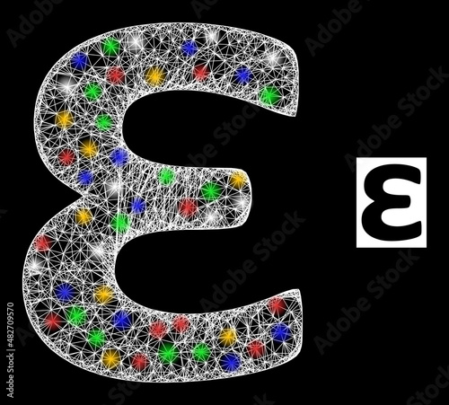 Glare network Epsilon Greek lowercase symbol with multicolored flash nodes. Illuminated vector model created from Epsilon Greek lowercase symbol.