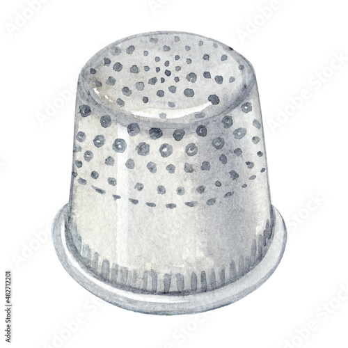 Watercolor gray thimble isolated on white . Sewing protect tool