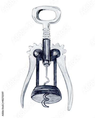 Watercolor corkscrew for opening bottles isolated on white