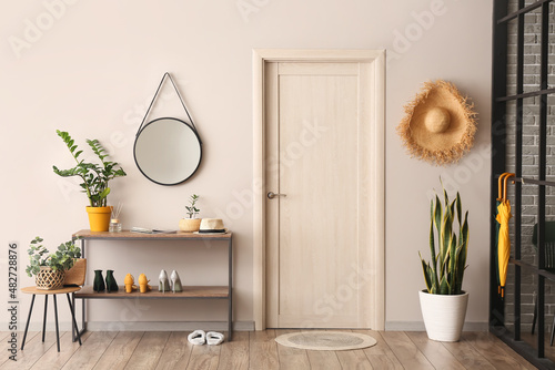 Interior of hallway with stand for shoes, mirror and houseplants near light wall