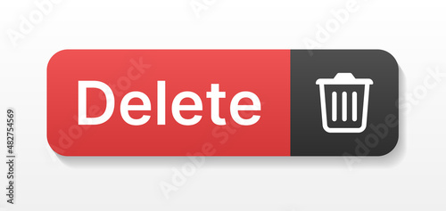 Red delete button with bin icon isolated on white background.