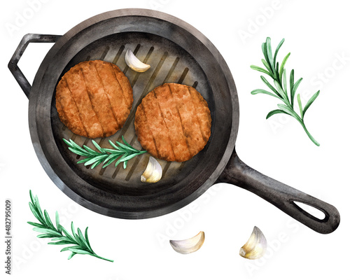 Watercolor cutlets for burgers with spices on a grill pan