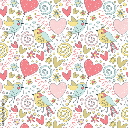 Seamless pattern with cute birds, hearts, balloons and flowers.