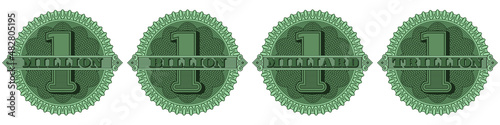 Set of green guilloche stickers or badges, denominations of one million, billion and trillion. Icons indicating the number of subscribers, followers