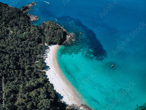 Top view of the beautiful magnificent coast of a white sand beach and a huge number of tall green trees