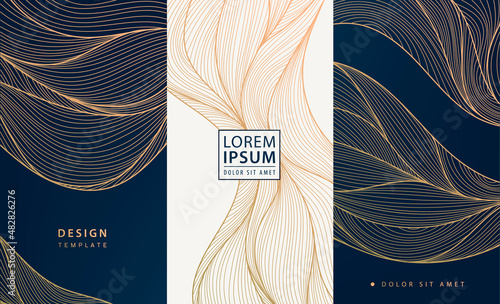 Set of vector collection design elements: flyers, frames, wedding invitations, social net stories, packaging, luxury products, perfume, soap, wine, lotion. Golden line waves, art deco.