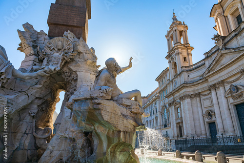 Detail of the fountain the 4 rivers by G. Bernini in Piazza Navona. The statue, Rio de la Plata, with its hand defends the fountain against the eventual fall of the statue of St. Agnese by Borromini