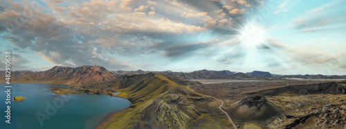 Panoramic aerial view of Landmannalaugar landscape in summer season, Iceland from drone.