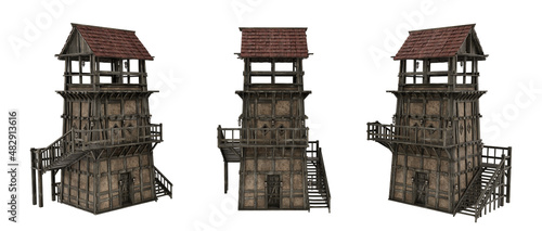 Medieval tower building with timber and stone construction. 3D illustration with 3 different angles isolated on white.