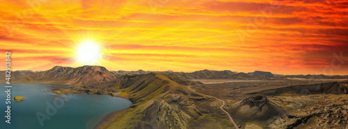 Panoramic aerial view of Landmannalaugar landscape at summer sunset, Iceland.