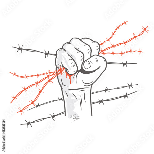 Barbed wire clenched in fist. Illustration on the theme of dictatorship and the Holocaust. Console camp. Resistance and revolution symbol concept.