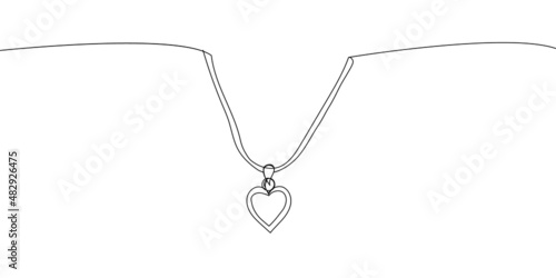 Heart shaped pendant necklace continuous line drawing. One line art of love, diamond, accessory, jewel, union of hearts, classic, romance.