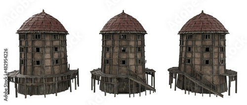 Rounded medieval tower building with wooden frame and steps. 3D rendering from 3 angles.