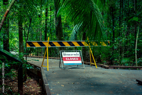 Road Closed sign blocking the road to a walking track in a forest