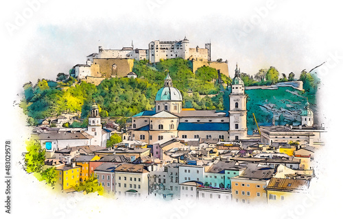 Panoramic view of the Salzburg, Austria, watercolor sketch illustration.