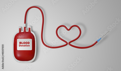 3D rendering image of blood transfusion bag with heart shaped tube on white background