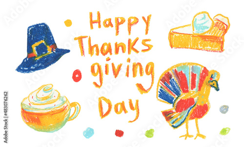 Set of Thanksgiving wax illustrations on white isolated background in doodle.A collection of textured,autumn,brightly colored hand drawn oil pastel pictures in a children's style.Designs for stickers.