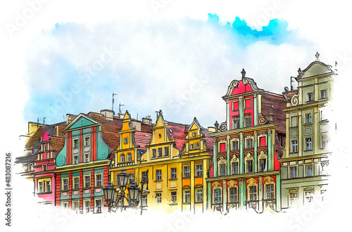 Facade of colorful tenement houses at Old Market Square, Wroclaw, Poland, watercolor sketch illustration.