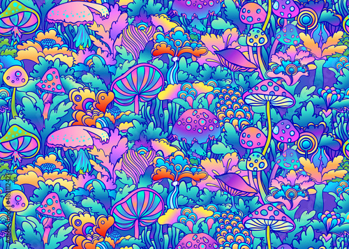 Colorful flowersl and mushrooms seamless pattern, retro 60s, 70s hippie style background. Vintage psychedelic textile, fabric, wrapping, wallpaper. Vector repeating magic floral illustration.