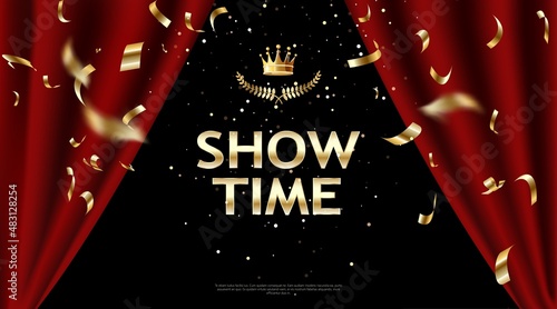 show time, red curtain frame with backlight, vector