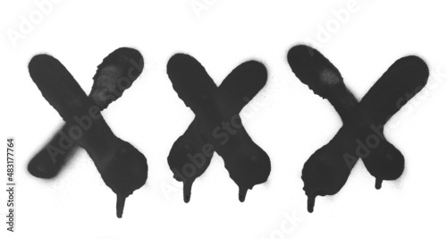 Black spray stain in crossed out, x drawing isolated on white background, photo with clipping path