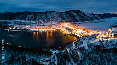 Winter landscape, view of the hydroelectric dam